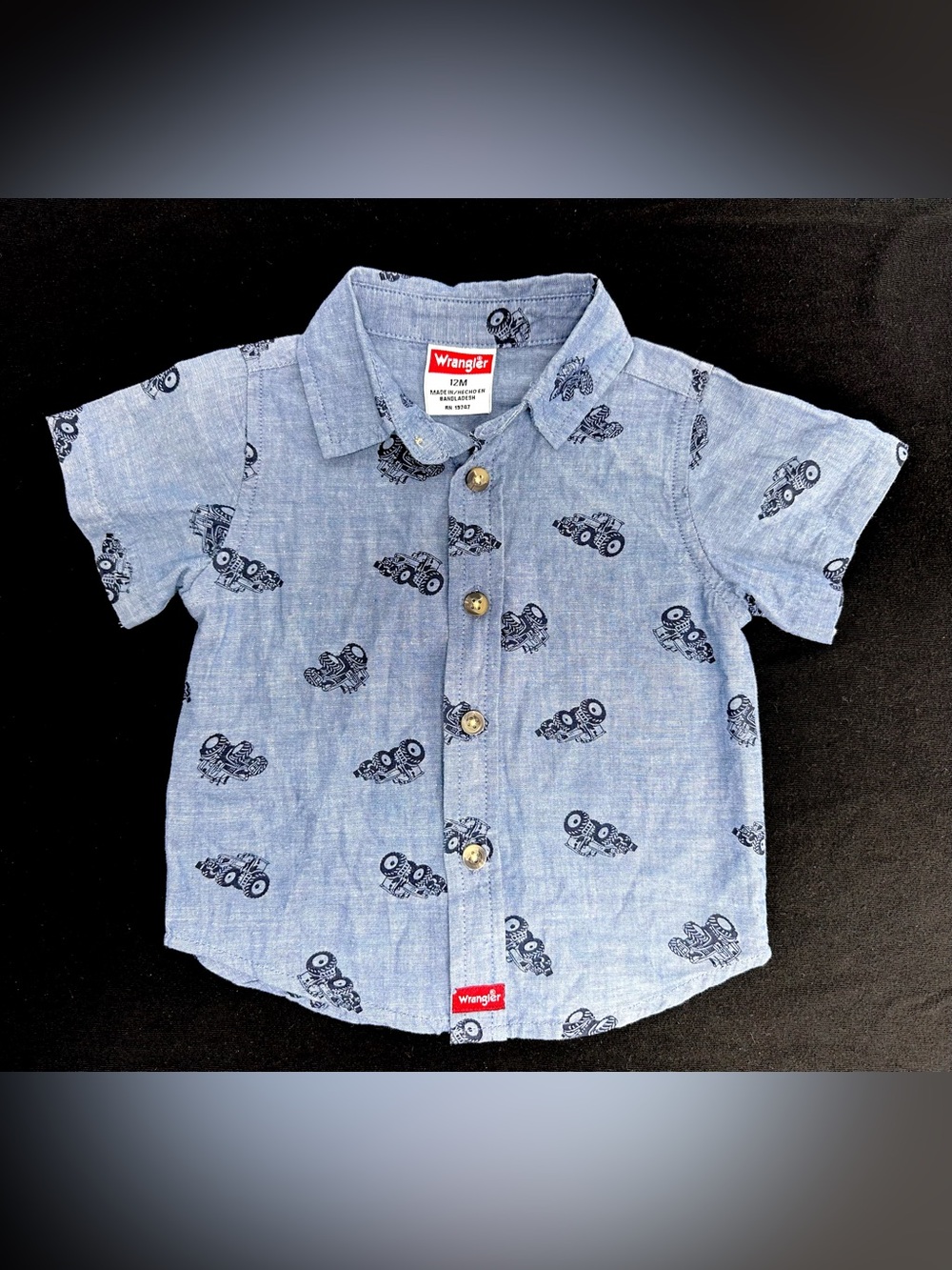 Wrangler Blue Button Down Tractor Print Short Sleeve 12M